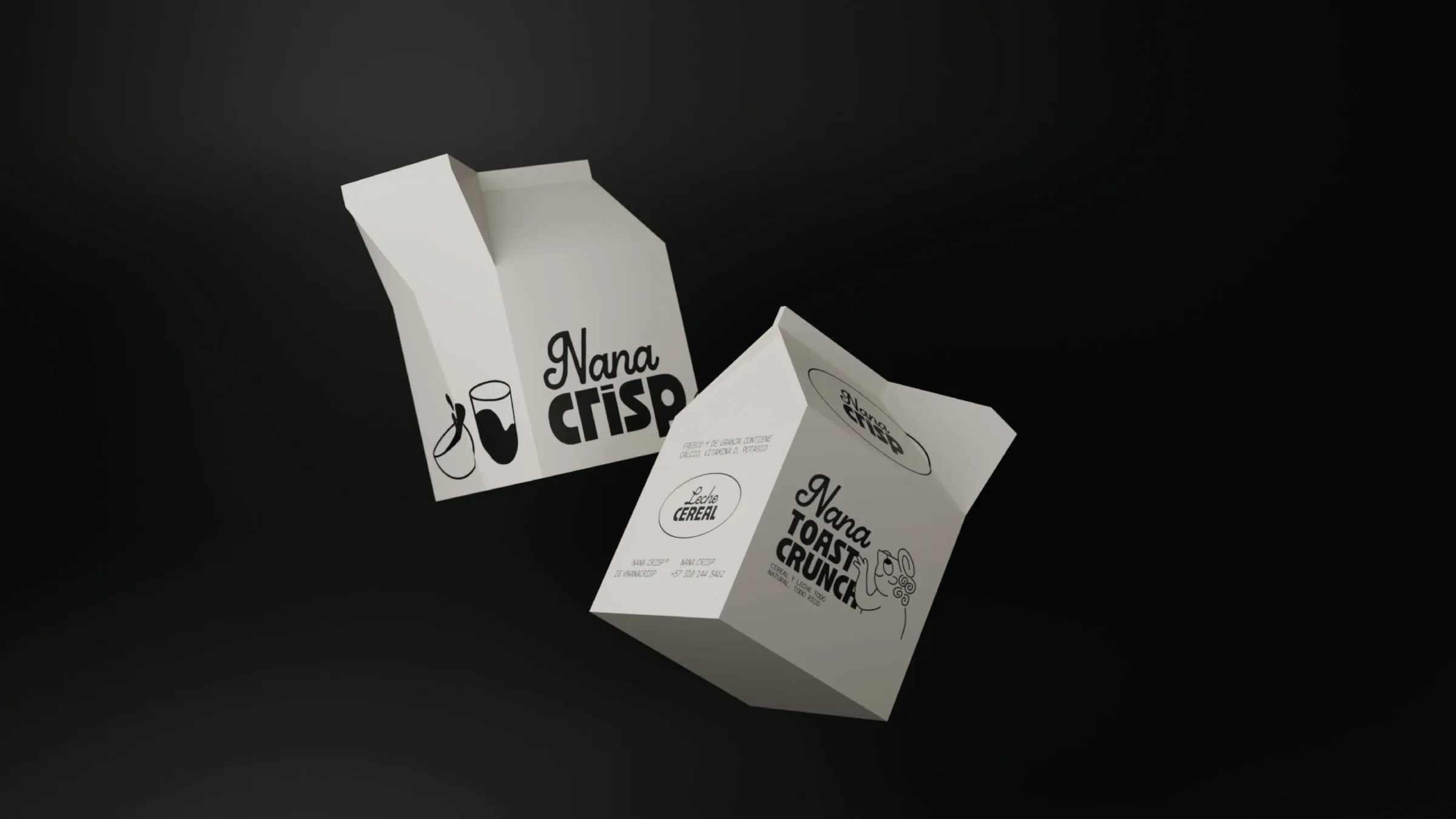 Dos cajas de leche de Nana Crisp flotando sobre fondo oscuro, una con el logotipo y otra con el sabor Toast Crunch y el personaje