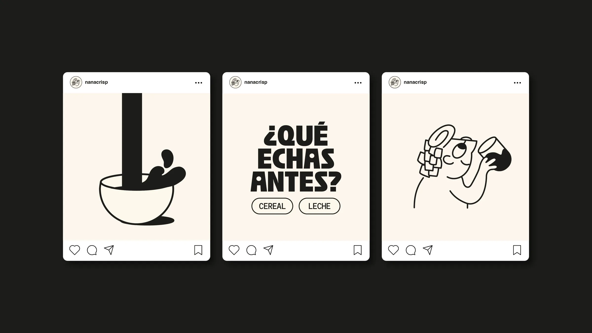 Tres publicaciones de Instagram: leche cayendo en un tazón, la pregunta «¿Qué echas antes? Cereal o leche» y el personaje bebiendo