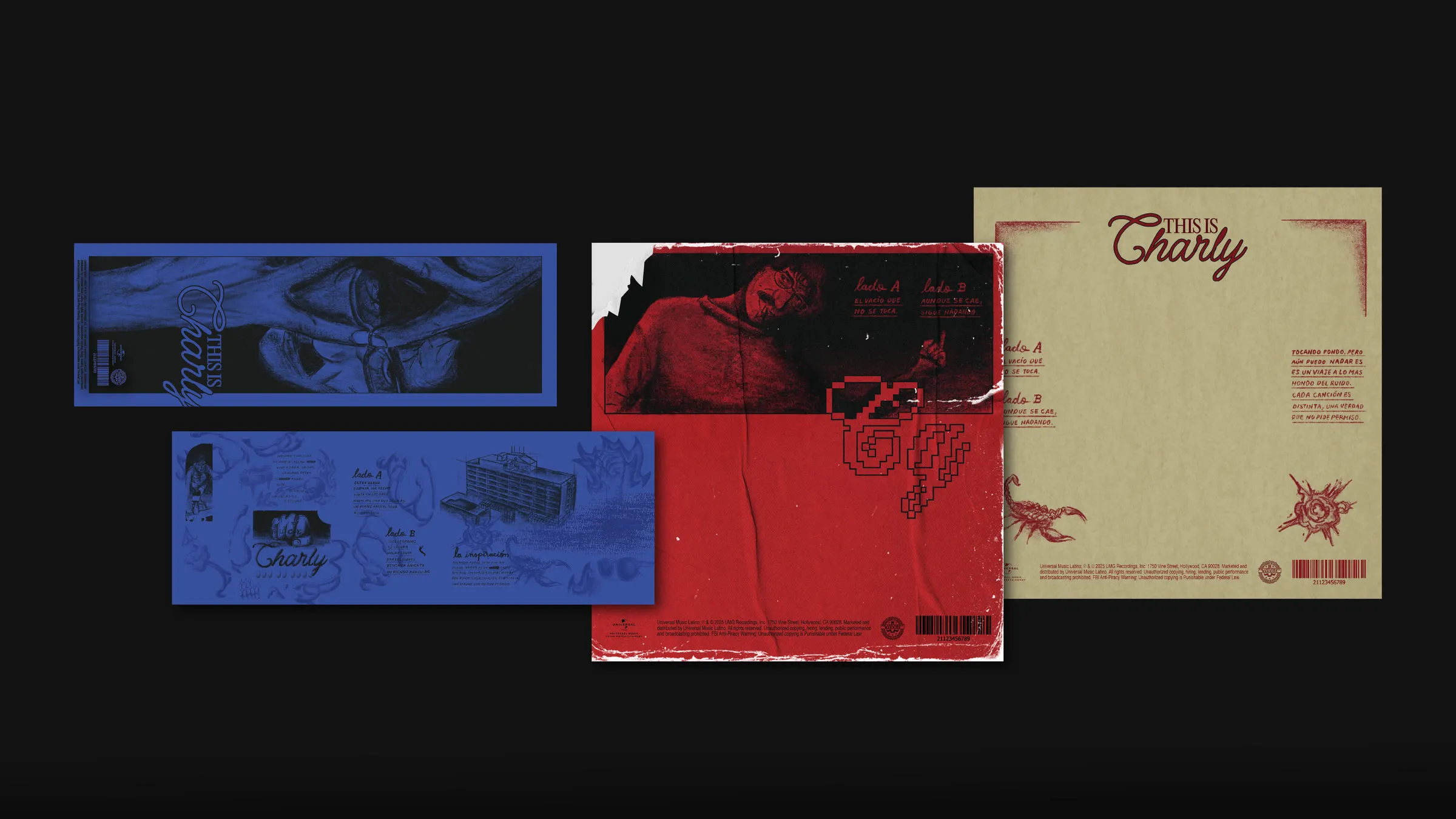 Las piezas del proyecto sobre fondo negro: la funda del cassette en azul, la carátula roja con el retrato de Charly y la contraportada en cartón con el logotipo «This is Charly»