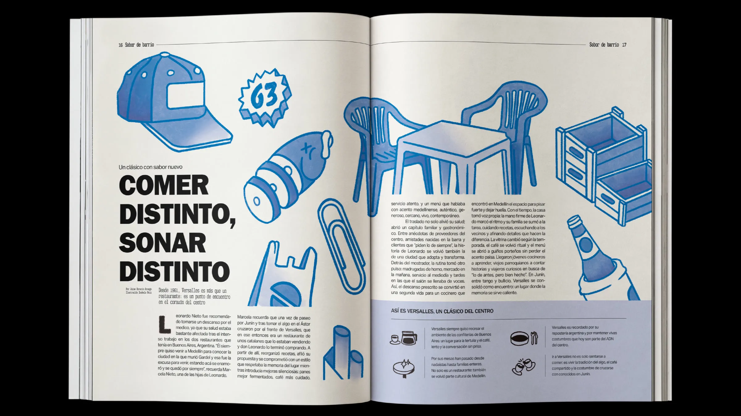 The «Comer distinto, sonar distinto» spread: blue illustrations of a cap, plastic chairs and a bottle