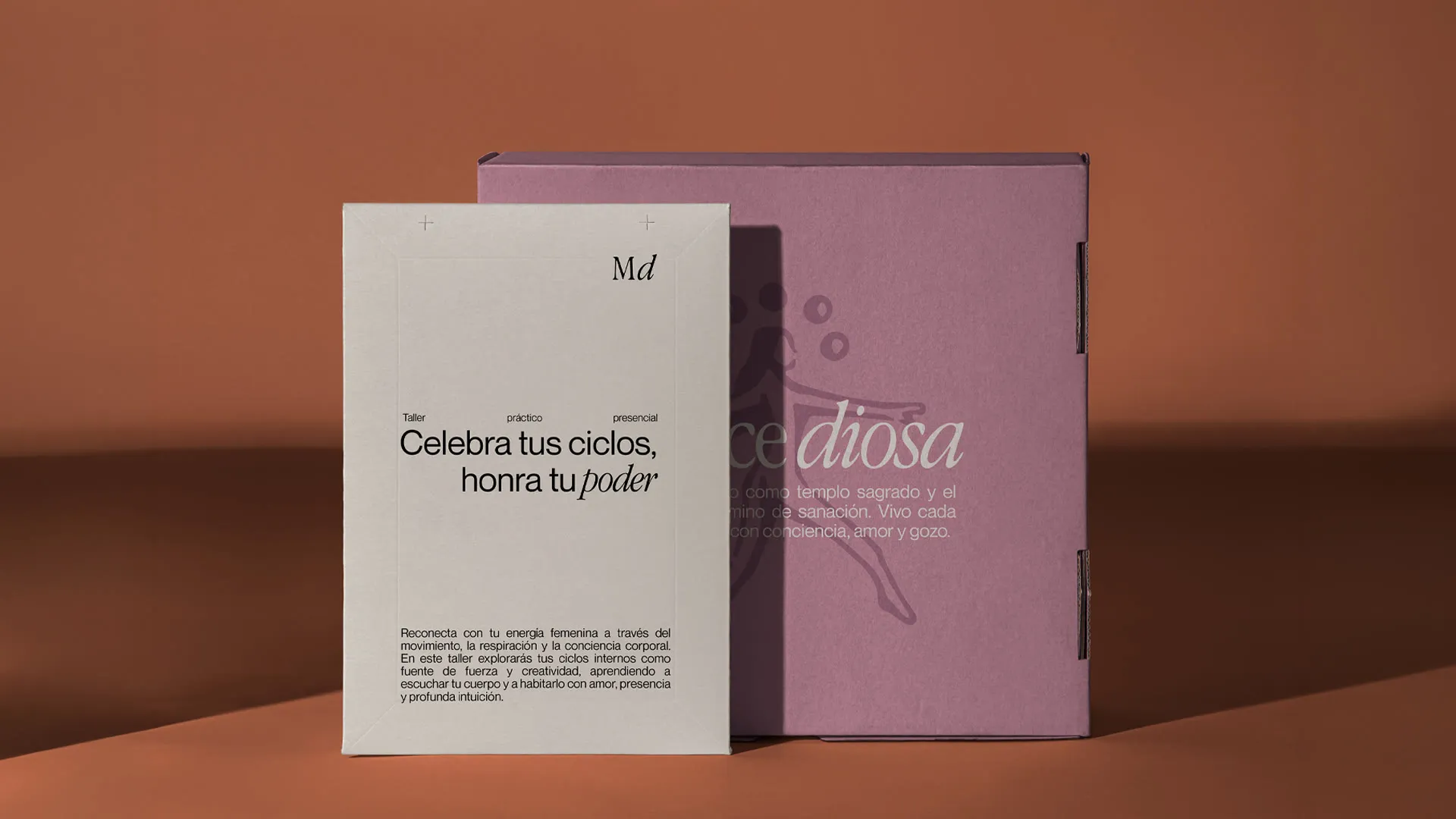 Caja del taller sobre fondo terracota: folleto claro con el lema «Celebra tus ciclos, honra tu poder» apoyado en el estuche malva de Marce Diosa
