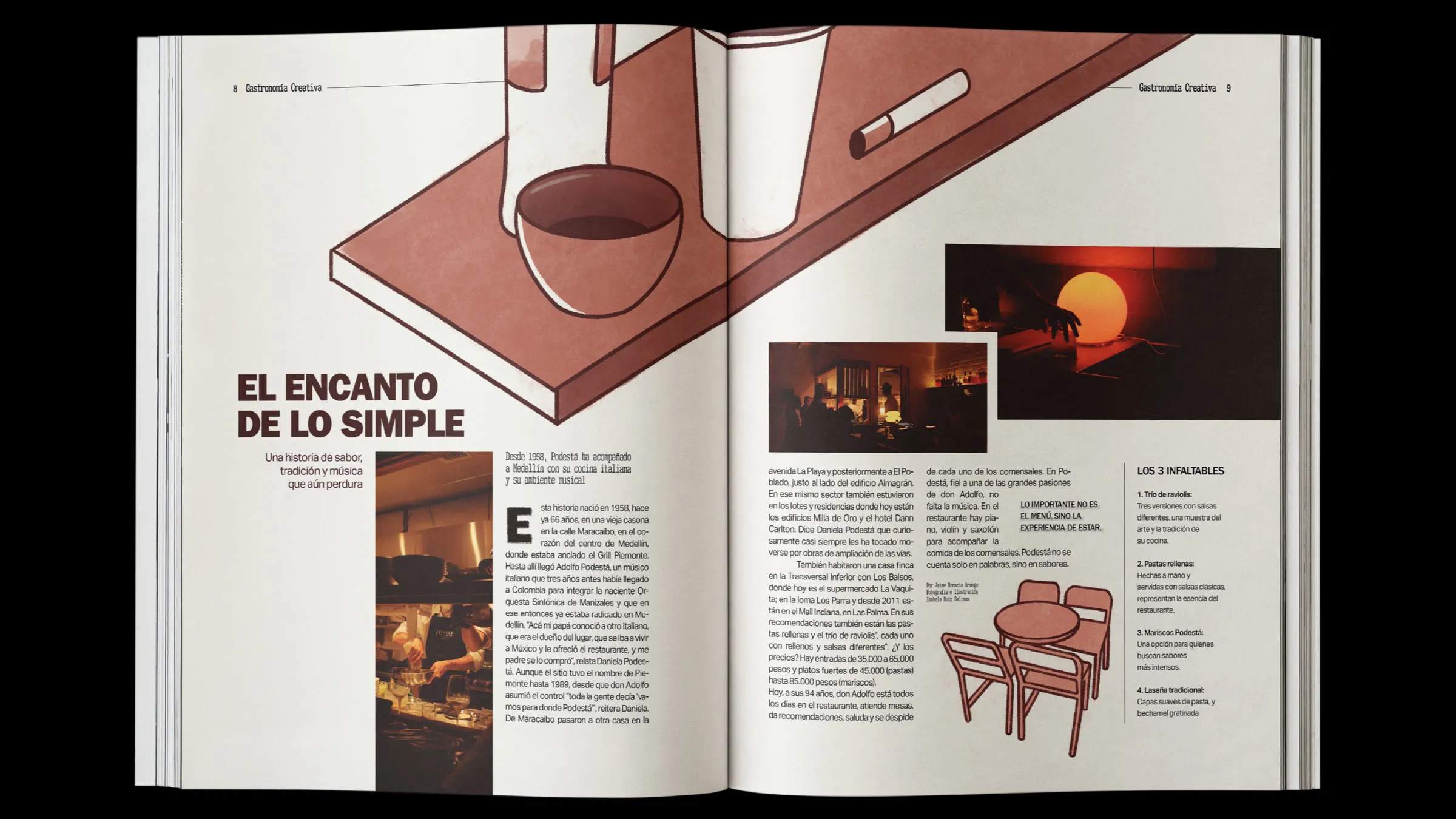 The «El encanto de lo simple» spread: an illustrated bar counter with a glass and a cigarette, and night photographs of a restaurant