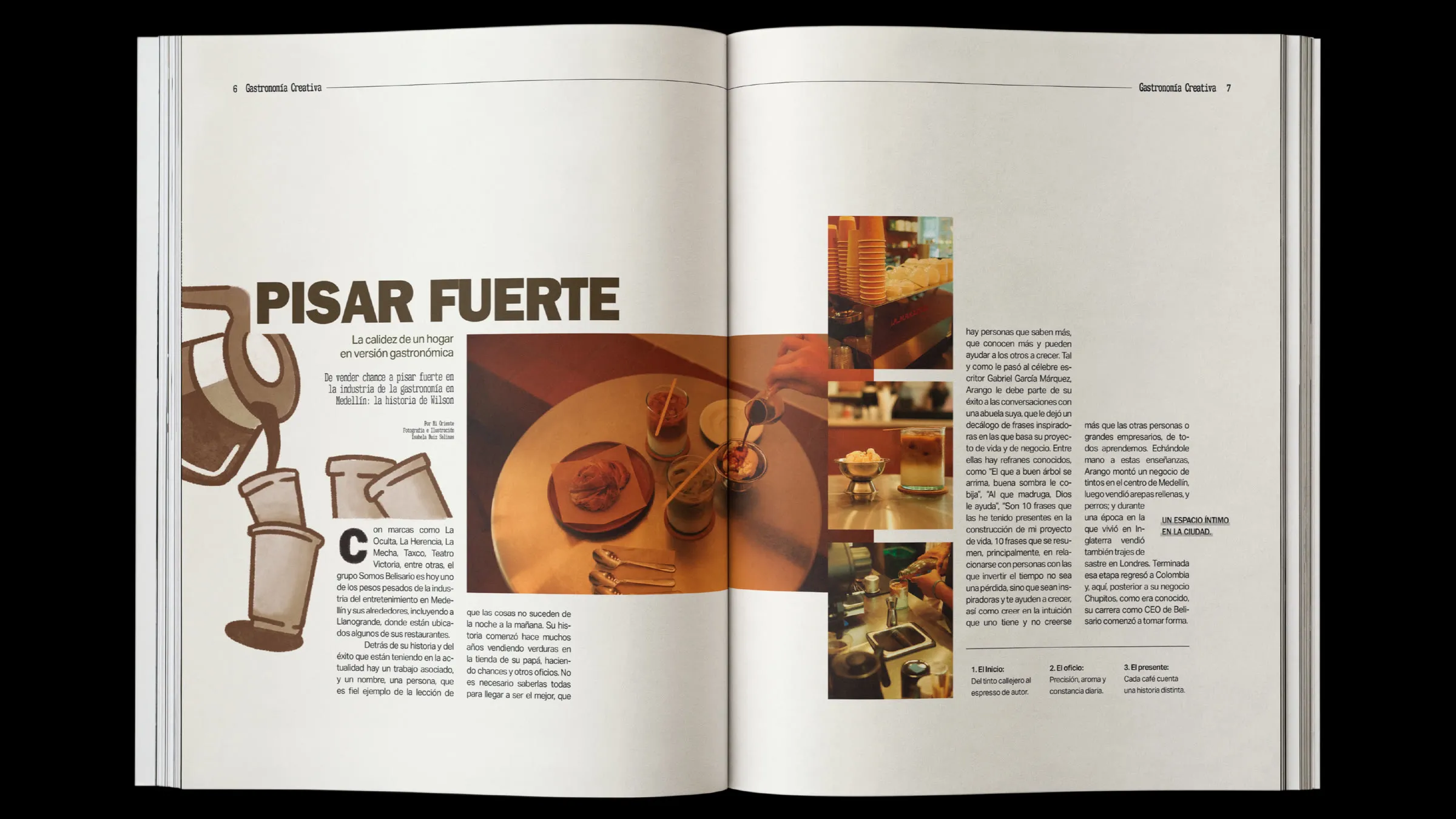 The «Pisar fuerte» spread: an illustrated coffee pot pouring beside warm photographs of a table