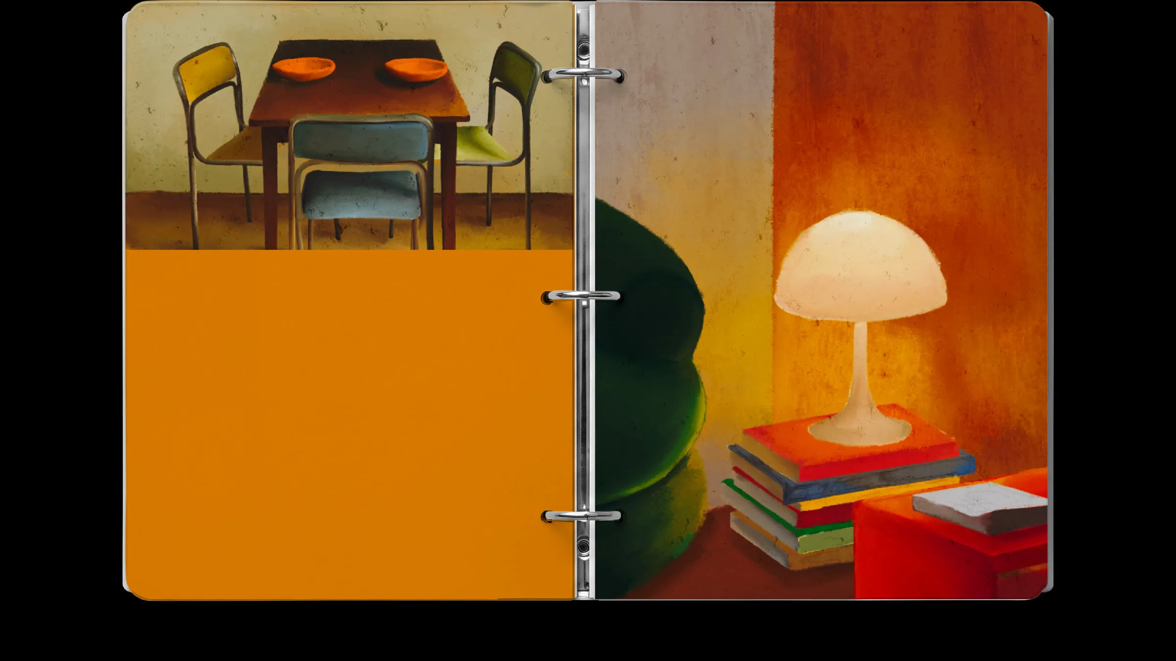 Comedor de sillas metálicas y, enfrente, un rincón con puf verde y lámpara de seta sobre libros