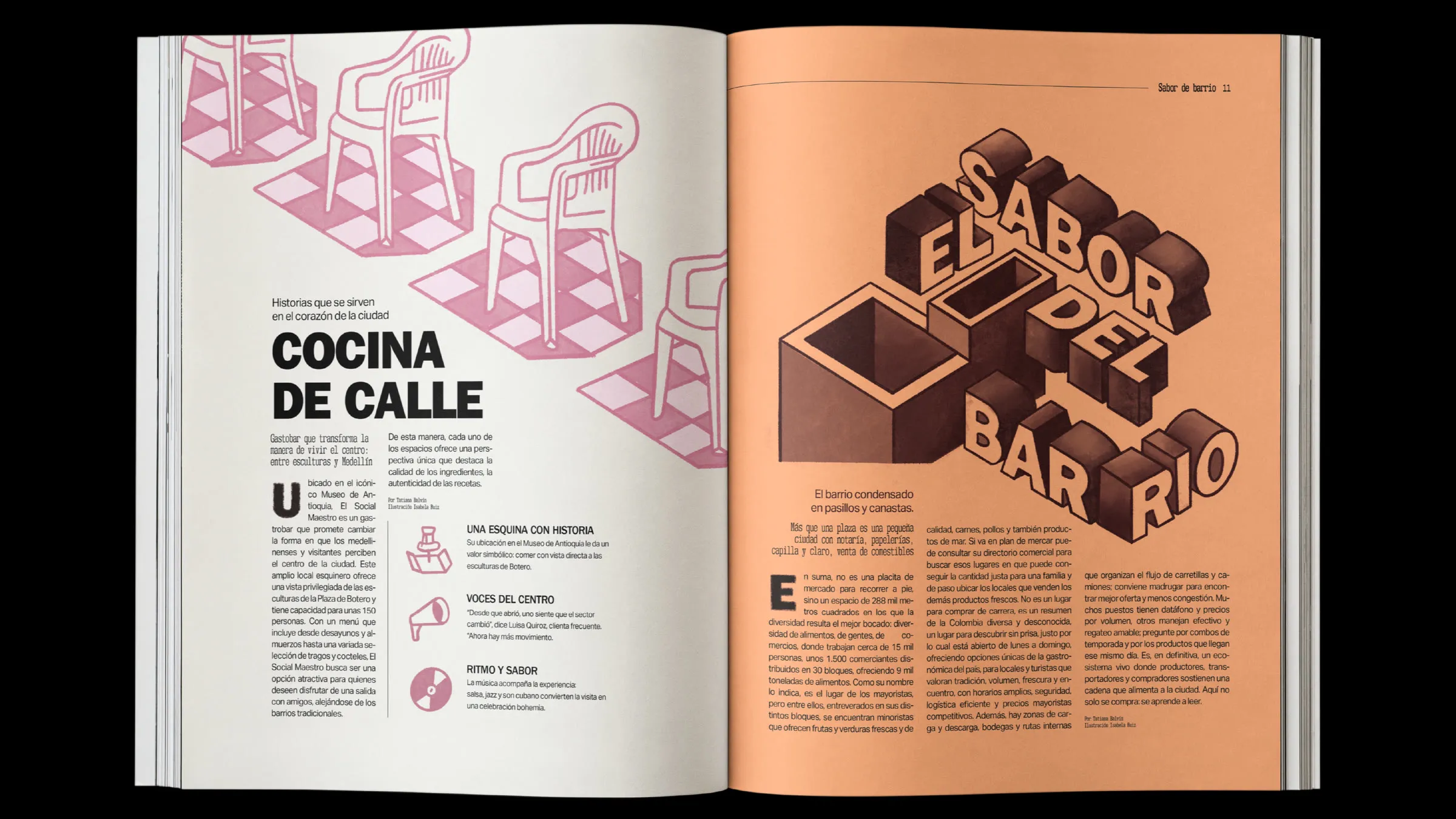 The «Cocina de calle» spread: pink plastic chairs and, on orange, the block lettering of «El sabor del barrio»