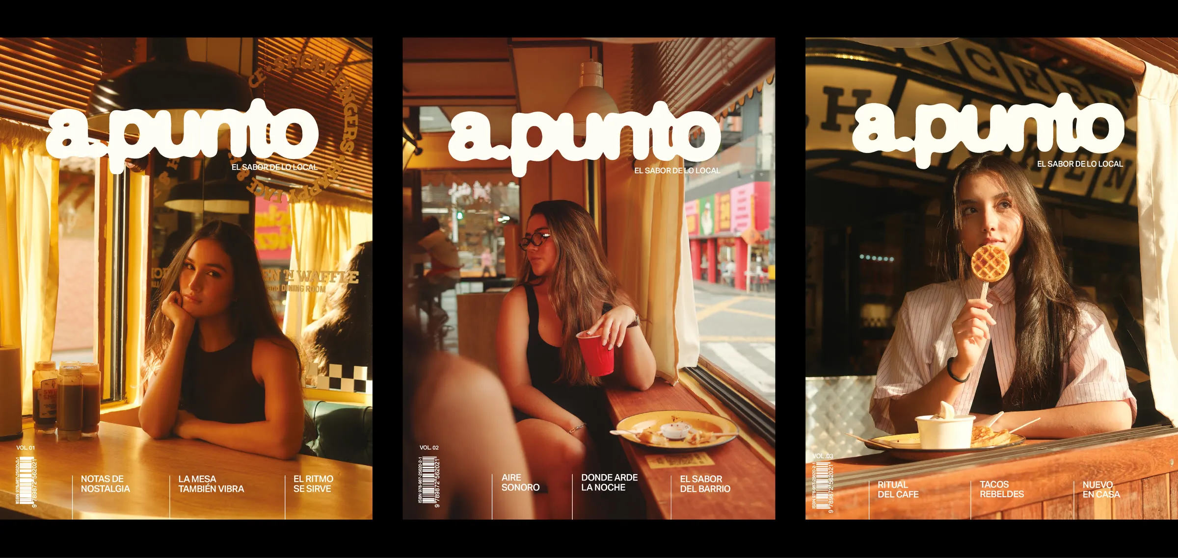 The three covers of the issue, each with a woman portrayed in a restaurant under the a.punto logotype