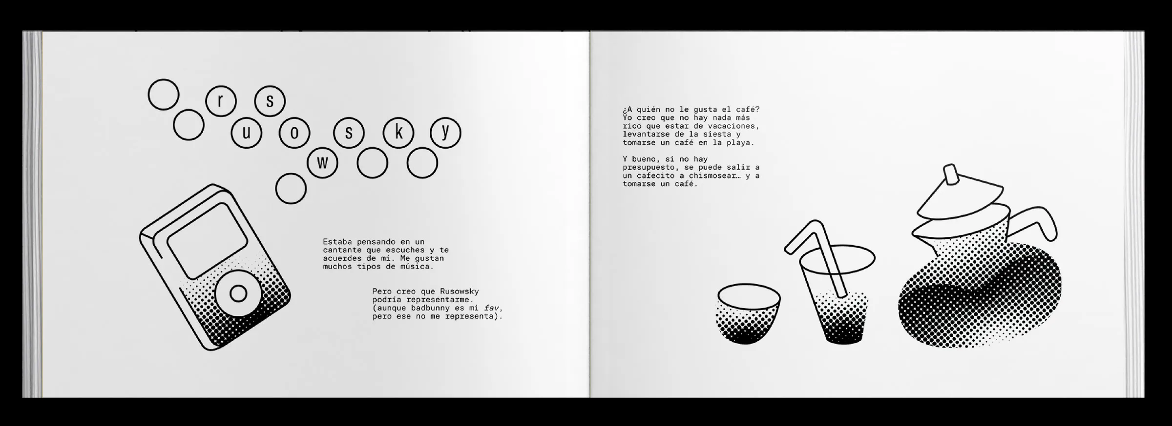 Pliego de música y café: el nombre Rusowsky en círculos junto a un iPod dibujado, y al lado ilustraciones de vasos y una cafetera