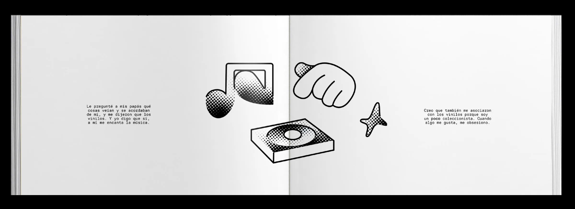 Pliego sobre la música compartida: ilustraciones de un altavoz, una mano señalando y un disco fuera de su caja