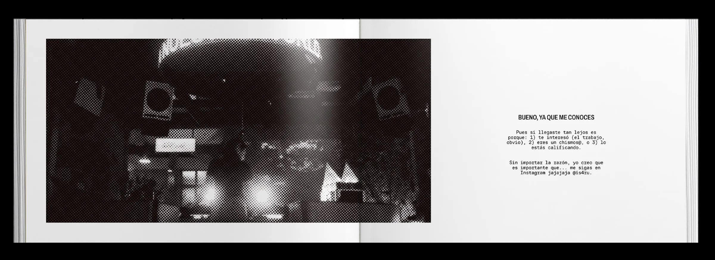 Pliego de cierre: fotografía oscura de un concierto y, enfrente, el texto «Bueno, ya que me conoces»